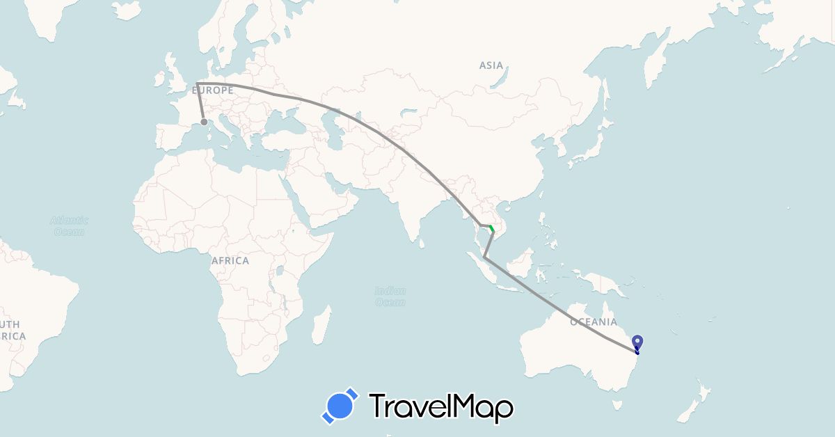 TravelMap itinerary: driving, bus, plane in Australia, France, Cambodia, Malaysia, Netherlands, Thailand, Ukraine (Asia, Europe, Oceania)